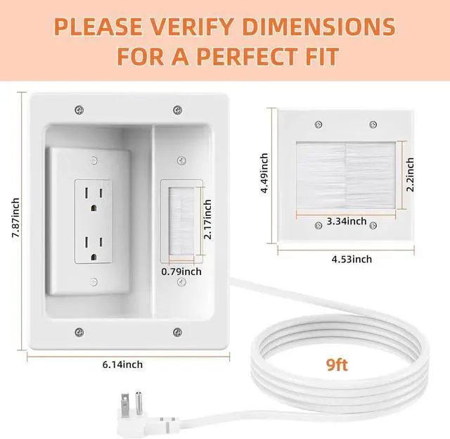 Alt view image 2 of 7 - in Wall Cable Concealer Kit with Brush Wall Plate,Recessed Outlet Box,9ft Cord,2 Gang Pass Through Wire Hider for TV Cable Management,HDMI Cables and Home Theater Systems