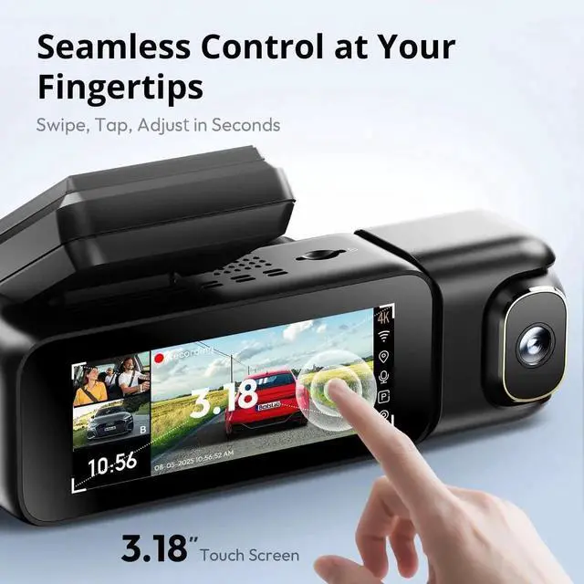 Main image of 3 Channel Dash Cam 4K with 128GB Card, 3.18" Touch Screen, Voice Control, Front and 1080P Rear Inside Loop Recording, 5.8GHz WiFi, GPS, Night Vision, WDR, Parking Mode