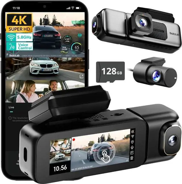 Alt view image 2 of 6 - 3 Channel Dash Cam 4K with 128GB Card, 3.18" Touch Screen, Voice Control, Front and 1080P Rear Inside Loop Recording, 5.8GHz WiFi, GPS, Night Vision, WDR, Parking Mode