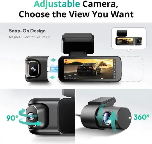 Alt view image 5 of 6 - 3 Channel Dash Cam 4K with 128GB Card, 3.18" Touch Screen, Voice Control, Front and 1080P Rear Inside Loop Recording, 5.8GHz WiFi, GPS, Night Vision, WDR, Parking Mode