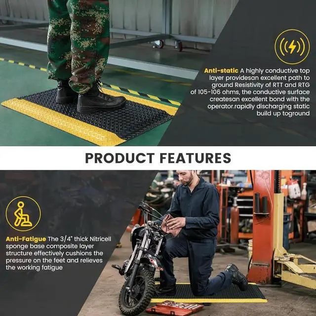 Alt view image 7 of 7 - 3' x 5' ESD Anti-Fatigue Conductive Mat, Durable Heavy Duty Diamond Plate, Soft Sponge Ergonomic Mat, Non Slip Waterproof Floor Mats for Commercial&Industrial Work, Thick 3/4 Black with Yellow Border