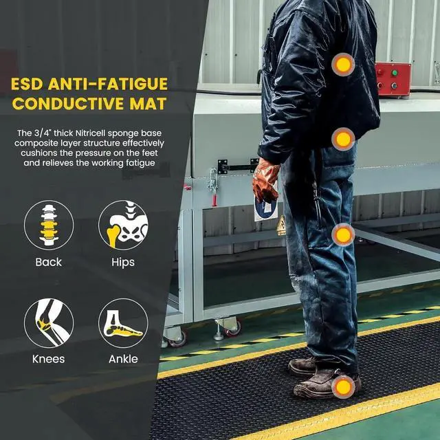 Alt view image 6 of 7 - 3' x 5' ESD Anti-Fatigue Conductive Mat, Durable Heavy Duty Diamond Plate, Soft Sponge Ergonomic Mat, Non Slip Waterproof Floor Mats for Commercial&Industrial Work, Thick 3/4 Black with Yellow Border