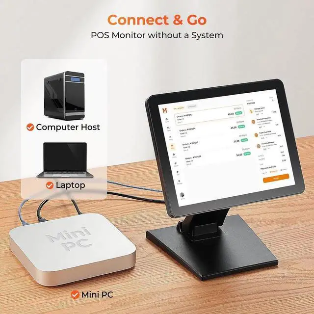 Alt view image 2 of 6 - 12-inch POS Touchscreen Monitor, LED POS Monitor, HDMI/VGA Capacitive Screen Display, Foldable Stand for Small Business, Retail, Restaurant, Bar, No Driver Required