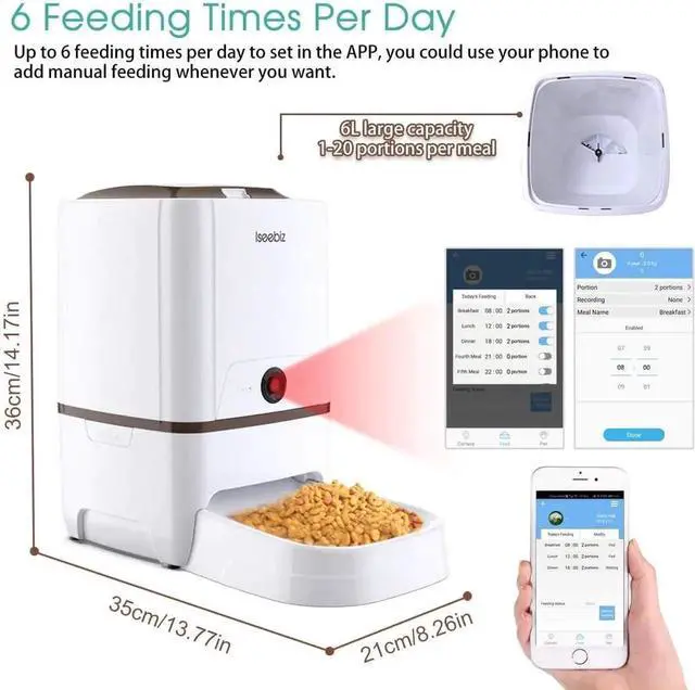 Alt view image 2 of 7 - Automatic Pet Feeder with Camera, 6L App Control Smart Feeder Cat Dog Food Dispenser, 2-Way Audio, Voice Remind, Video Record, 6 Meals a Day for Medium Large Cats Dogs, Compatible with Alexa