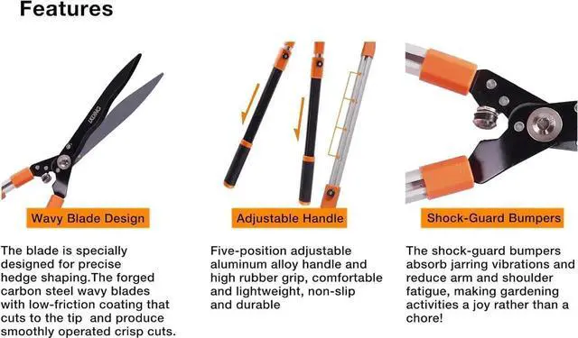 Alt view image 3 of 7 - Hedge Shears Heavy Duty 32.5"-43" Extendable Handle Professional Garden Clippers Pruning Scissors Trimmer Yard Landscaping Tool Black, Orange -