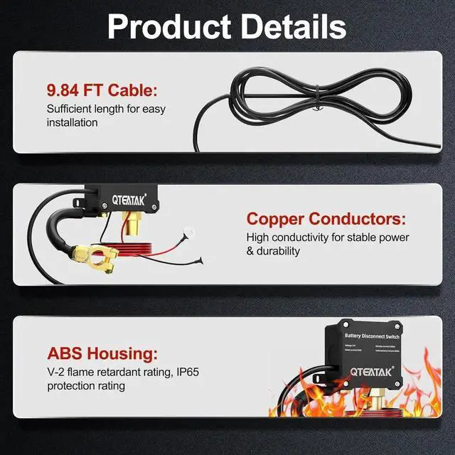 Alt view image 2 of 7 - 12V 250A Battery Disconnect Switch, KCD4, Boat Rocker Panel Switch (16A 250VAC; 20A 125VAC) with Panel for Car Truck RV, 9.84 FT Cable, to Prevent Battery Drain, Pre-Wired