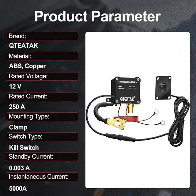 Alt view image 7 of 7 - 12V 250A Battery Disconnect Switch, KCD4, Boat Rocker Panel Switch (16A 250VAC; 20A 125VAC) with Panel for Car Truck RV, 9.84 FT Cable, to Prevent Battery Drain, Pre-Wired