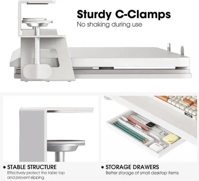 Alt view image 4 of 7 - Keyboard Tray Under Desk, Pull Out Keyboard & Mouse Tray with C Clamp Mount, Sliding Keyboard Holder for Desk, 25.6 x 11.8 inch Large Slide-Out Platform Computer Drawer for Typing, White