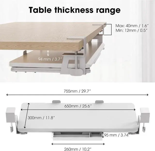 Alt view image 7 of 7 - Keyboard Tray Under Desk, Pull Out Keyboard & Mouse Tray with C Clamp Mount, Sliding Keyboard Holder for Desk, 25.6 x 11.8 inch Large Slide-Out Platform Computer Drawer for Typing, White