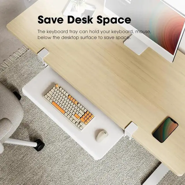 Alt view image 5 of 7 - Keyboard Tray Under Desk, Pull Out Keyboard & Mouse Tray with C Clamp Mount, Sliding Keyboard Holder for Desk, 25.6 x 11.8 inch Large Slide-Out Platform Computer Drawer for Typing, White