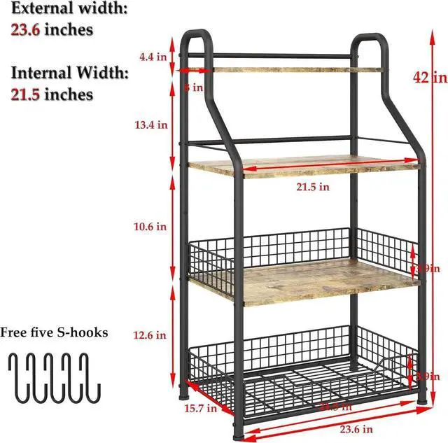 Alt view image 3 of 7 - Microwave Stand with Storage 4-Tier, Bakers Racks for Kitchens, Coffee Bar Microwave Cart with Storage, Metal Bakers Rack with Storage, Coffee Cart with 5 S-Hooks