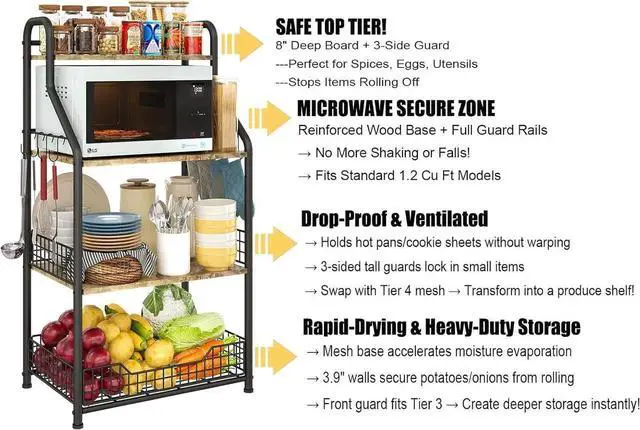 Alt view image 4 of 7 - Microwave Stand with Storage 4-Tier, Bakers Racks for Kitchens, Coffee Bar Microwave Cart with Storage, Metal Bakers Rack with Storage, Coffee Cart with 5 S-Hooks