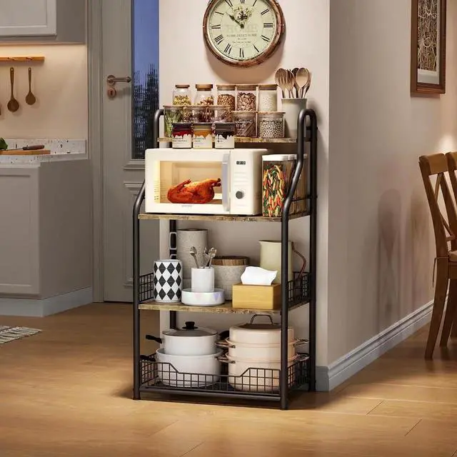Alt view image 5 of 7 - Microwave Stand with Storage 4-Tier, Bakers Racks for Kitchens, Coffee Bar Microwave Cart with Storage, Metal Bakers Rack with Storage, Coffee Cart with 5 S-Hooks