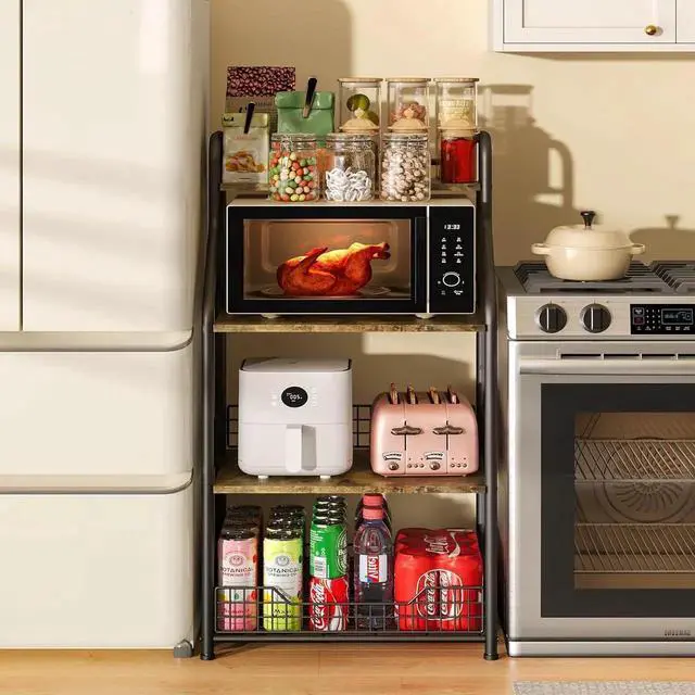 Alt view image 2 of 7 - Microwave Stand with Storage 4-Tier, Bakers Racks for Kitchens, Coffee Bar Microwave Cart with Storage, Metal Bakers Rack with Storage, Coffee Cart with 5 S-Hooks