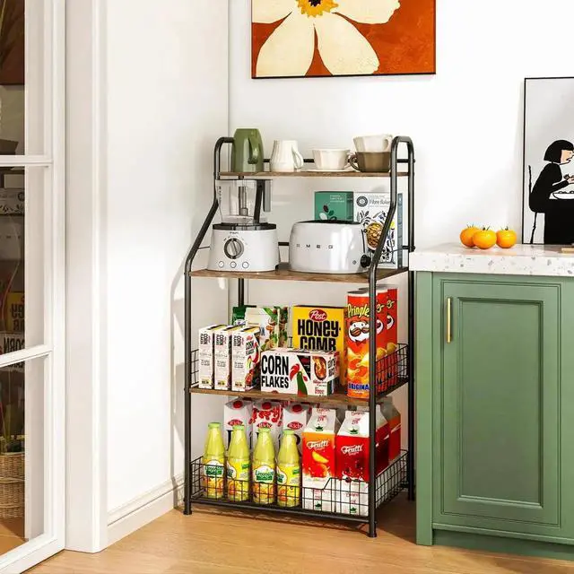 Alt view image 7 of 7 - Microwave Stand with Storage 4-Tier, Bakers Racks for Kitchens, Coffee Bar Microwave Cart with Storage, Metal Bakers Rack with Storage, Coffee Cart with 5 S-Hooks