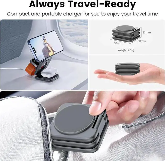 Alt view image 6 of 7 - X55 Plus 3 in 1 Charging Station for Apple Devices, Magnetic Foldable Wireless Charger 15W Fast Charging Pad for iPhone 16/15/14/13/12, for Apple Watch, for AirPods 3/2/Pro - Gray