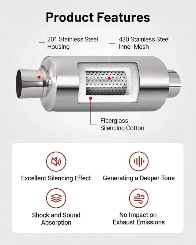 Alt view image 2 of 6 - 2" Resonator Muffler Stainless Steel (2.0 inch Inlet/Outlet, 13.8" Length)