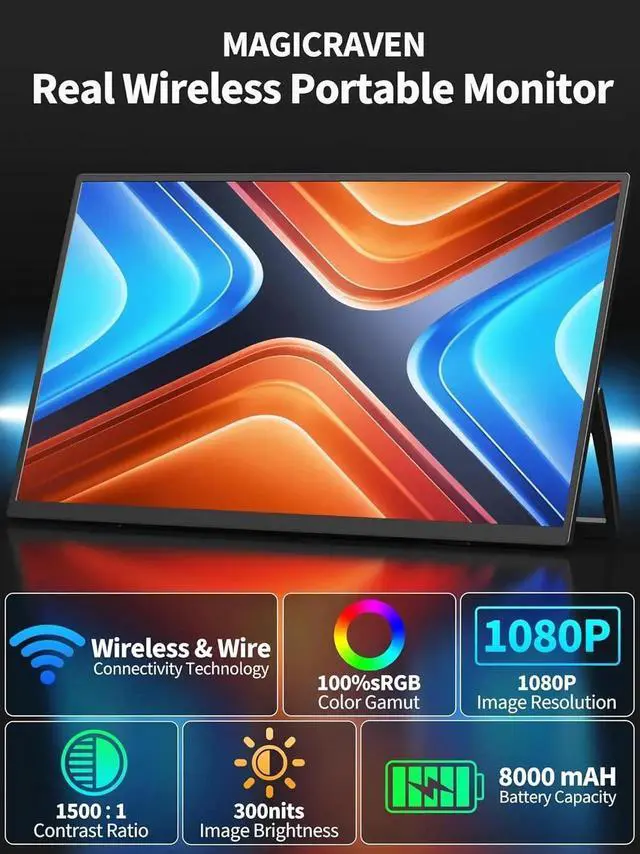 Alt view image 3 of 7 - 8000 mAh Wireless Portable Monitor, 15.6" 1080P IPS Laptop Screen, Second Computer Gaming Display with Speakers, Travel Monitor for Windows/Mac/Android/iOS/Gaming Console