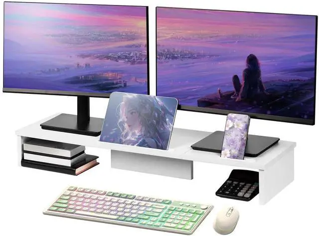 Main image of Dual Monitor Stand Riser with Phone Tablet Holder, 35.8in Large Monitor Stand for Desk, Computer Monitor Stand for 2 Monitors, Desk Shelf for Top of Desk, Desktop Organizer for Laptop, Printer, TV
