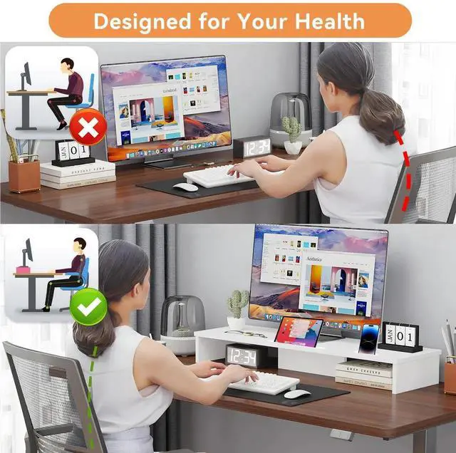 Alt view image 2 of 5 - Dual Monitor Stand Riser with Phone Tablet Holder, 35.8in Large Monitor Stand for Desk, Computer Monitor Stand for 2 Monitors, Desk Shelf for Top of Desk, Desktop Organizer for Laptop, Printer, TV