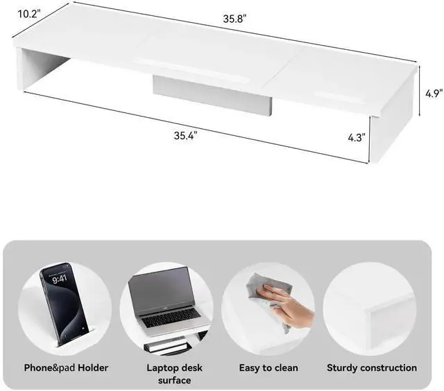 Alt view image 4 of 5 - Dual Monitor Stand Riser with Phone Tablet Holder, 35.8in Large Monitor Stand for Desk, Computer Monitor Stand for 2 Monitors, Desk Shelf for Top of Desk, Desktop Organizer for Laptop, Printer, TV