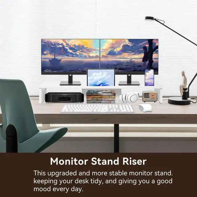 Alt view image 5 of 5 - Dual Monitor Stand Riser with Phone Tablet Holder, 35.8in Large Monitor Stand for Desk, Computer Monitor Stand for 2 Monitors, Desk Shelf for Top of Desk, Desktop Organizer for Laptop, Printer, TV