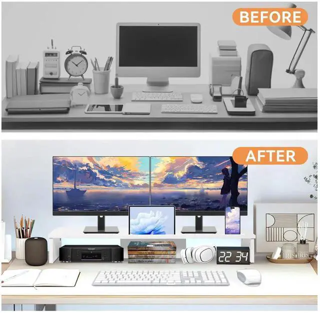 Alt view image 3 of 5 - Dual Monitor Stand Riser with Phone Tablet Holder, 35.8in Large Monitor Stand for Desk, Computer Monitor Stand for 2 Monitors, Desk Shelf for Top of Desk, Desktop Organizer for Laptop, Printer, TV