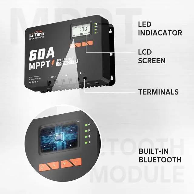Alt view image 2 of 7 - 60A MPPT 12V/24V/36V/48V/Auto DC Input Solar Charge Controller, Built- in Bluetooth Module, with Parameter Adjustable LCD Display LED Indicators