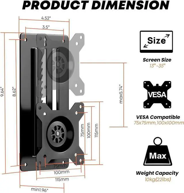 Alt view image 4 of 5 - PUTORSEN Premium Height Adjustable Monitor Wall Mount up to 35 inch Ultrawide Screen, Low Profile VESA Wall Mount Monitor Holds up to 22 lbs, Full Motion Computer Monitor Mount, VESA 75/100, Black