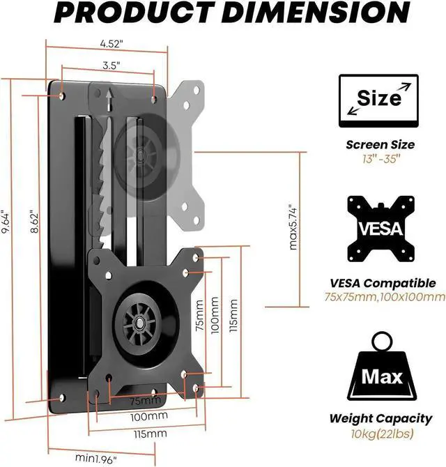 Alt view image 3 of 5 - PUTORSEN Premium Height Adjustable Monitor Wall Mount up to 35 inch Ultrawide Screen, Low Profile VESA Wall Mount Monitor Holds up to 22 lbs, Full Motion Computer Monitor Mount, VESA 75/100, Black