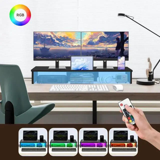 Alt view image 4 of 5 - Qupui Dual Monitor Stand Riser with LED Lights and Phone Tablet Holder, 35.8in Large Monitor Stand for Desk, Computer Monitor Stand for 2 Monitors, Desktop Shelf Organizer for Laptop, Printer, TV