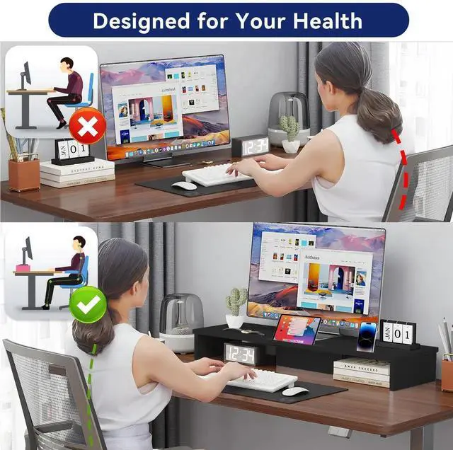 Alt view image 2 of 5 - Qupui Dual Monitor Stand Riser with LED Lights and Phone Tablet Holder, 35.8in Large Monitor Stand for Desk, Computer Monitor Stand for 2 Monitors, Desktop Shelf Organizer for Laptop, Printer, TV