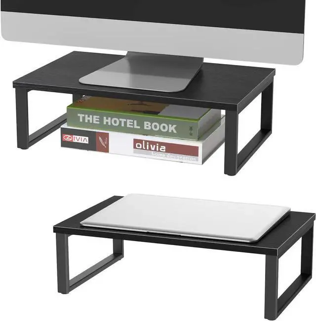 Main image of NOVIMANGO 2 Pack Monitor Stand Riser Wood Desk Shelf with Storage, Laptop Stand Riser Computer Stand for Desk Shelf Organizer Desktop Printer Table for PC Laptop Fax Monitor Lift, Black