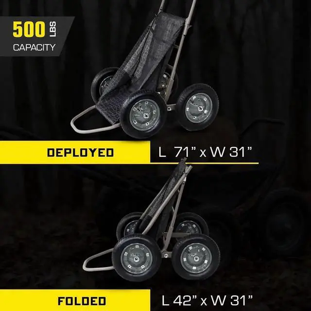 Alt view image 5 of 7 - Crawler Multi-Use Folding Cart, Deer Hunting Fishing Cart w/ 500 Lb Capacity for Hauling Game, Bait, Hunting Gear, & Wood, Flat Dark Earth Gray