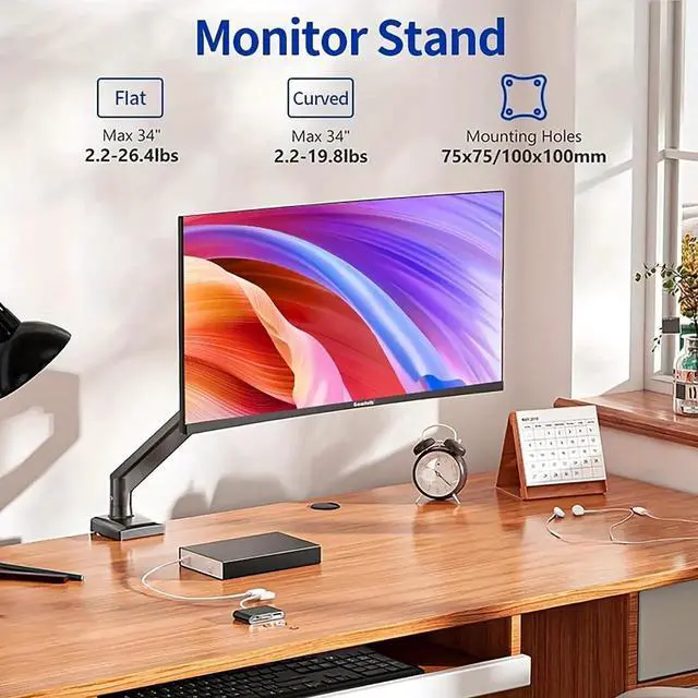 Alt view image 3 of 5 - Ultrawide Monitor Arm for 13 to 32 inch Flat/Curved Computer Screen, Gas Spring Single Monitor Mount Holds up to 17.63 lbs, Clamp & Grommet Base, VESA 75x75/100x100mm, Black
