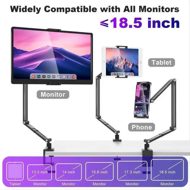 Alt view image 4 of 4 - Hnfrwd Tablet Stand Holder for ipad,Portable Monitor Stand for 6-18.5 ",Adjustable Foldable Tablet Arm iPad Desk Mount with 360°Rotate Base,Phone iPad Holder for Desk,Compatible with Larger Monitors