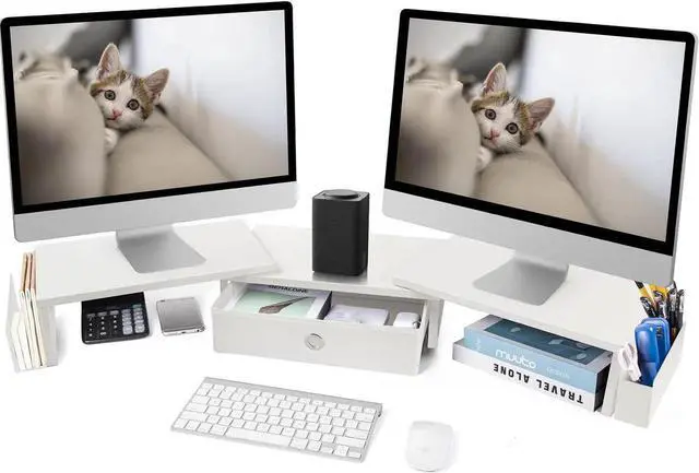 Main image of RUILALIFE Dual Monitor Stand Riser w/ Drawer & Metal Leg, Large White Computer Monitor Riser w/ Storage For 2 Screens, Desk Shelf w/ Adjustable Length & Angle, Desktop Organizer