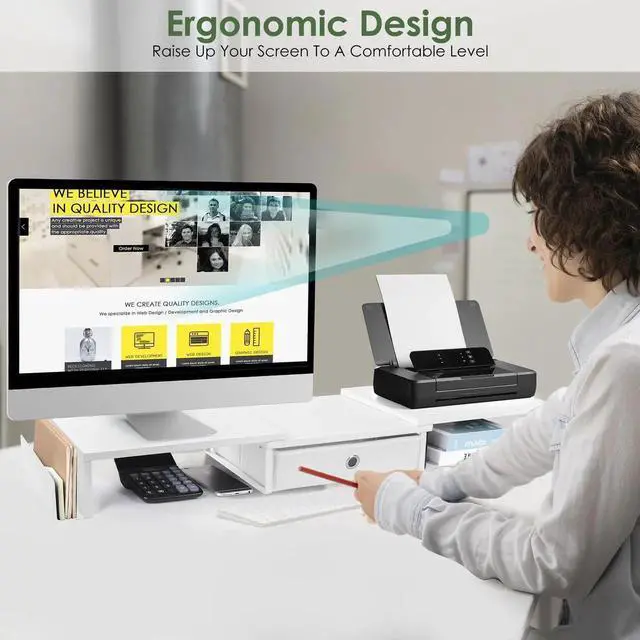 Alt view image 3 of 4 - RUILALIFE Dual Monitor Stand Riser w/ Drawer & Metal Leg, Large White Computer Monitor Riser w/ Storage For 2 Screens, Desk Shelf w/ Adjustable Length & Angle, Desktop Organizer