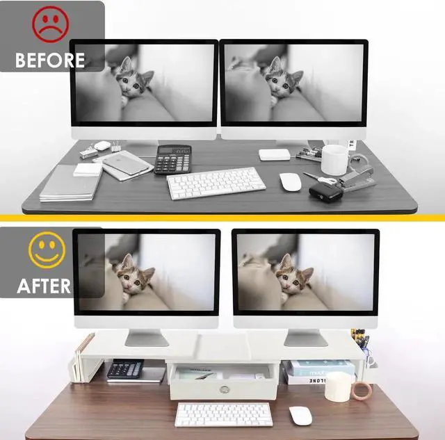 Alt view image 2 of 4 - RUILALIFE Dual Monitor Stand Riser w/ Drawer & Metal Leg, Large White Computer Monitor Riser w/ Storage For 2 Screens, Desk Shelf w/ Adjustable Length & Angle, Desktop Organizer