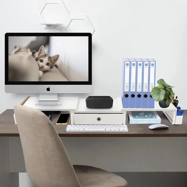 Alt view image 4 of 4 - RUILALIFE Dual Monitor Stand Riser w/ Drawer & Metal Leg, Large White Computer Monitor Riser w/ Storage For 2 Screens, Desk Shelf w/ Adjustable Length & Angle, Desktop Organizer