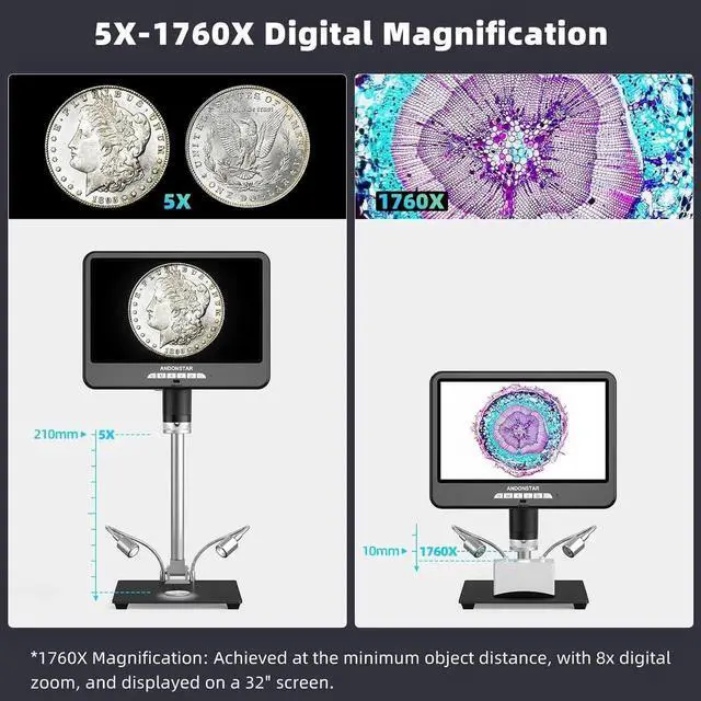 Alt view image 4 of 7 - 4K 60FPS 10.1" HDMI Digital Microscope for Soldering, 64MP 3840P UHD Video Audio Record, AD210S-Pro Electronic PCB Microscope for Adults, Error Coins, Pro Boom Arm Stand, 64GB