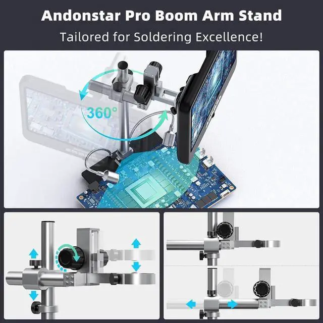 Alt view image 5 of 7 - 4K 60FPS 10.1" HDMI Digital Microscope for Soldering, 64MP 3840P UHD Video Audio Record, AD210S-Pro Electronic PCB Microscope for Adults, Error Coins, Pro Boom Arm Stand, 64GB