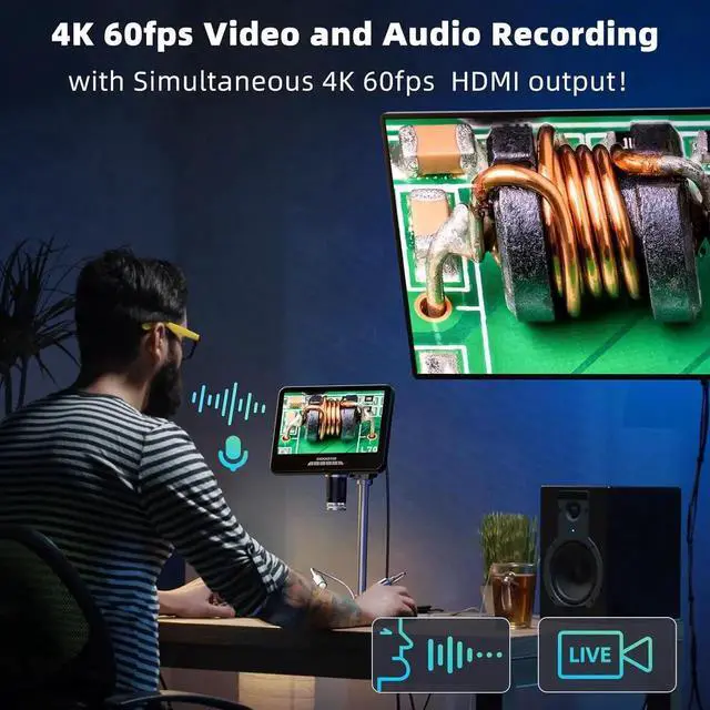 Alt view image 3 of 7 - 4K 60FPS 10.1" HDMI Digital Microscope for Soldering, 64MP 3840P UHD Video Audio Record, AD210S-Pro Electronic PCB Microscope for Adults, Error Coins, Pro Boom Arm Stand, 64GB