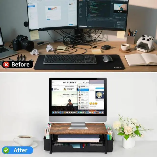 Main image of ECOLOVI Desk Organizer and Accessories, 2-Tier Computer Monitor Stand Rise with Storage Drawer & 2 Pen Holders, Laptop & Printer Stand for Desktop, Workspace Organizers for Office Supplies (Brown)