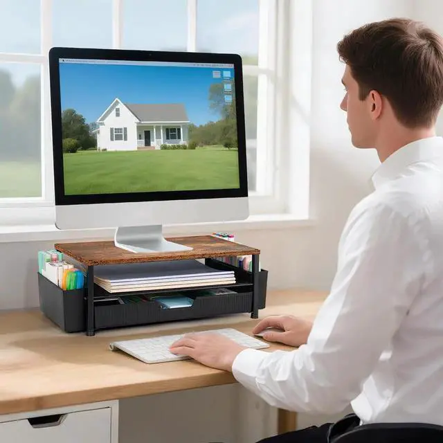 Alt view image 4 of 5 - ECOLOVI Desk Organizer and Accessories, 2-Tier Computer Monitor Stand Rise with Storage Drawer & 2 Pen Holders, Laptop & Printer Stand for Desktop, Workspace Organizers for Office Supplies (Brown)