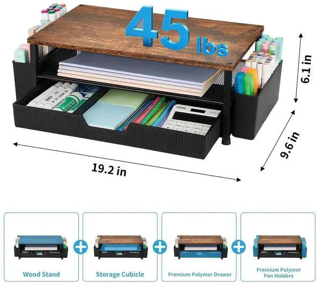 Alt view image 3 of 5 - ECOLOVI Desk Organizer and Accessories, 2-Tier Computer Monitor Stand Rise with Storage Drawer & 2 Pen Holders, Laptop & Printer Stand for Desktop, Workspace Organizers for Office Supplies (Brown)