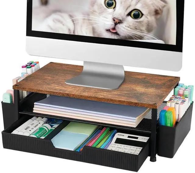 Alt view image 2 of 5 - ECOLOVI Desk Organizer and Accessories, 2-Tier Computer Monitor Stand Rise with Storage Drawer & 2 Pen Holders, Laptop & Printer Stand for Desktop, Workspace Organizers for Office Supplies (Brown)