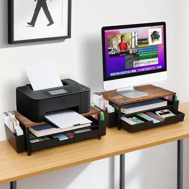 Alt view image 5 of 5 - ECOLOVI Desk Organizer and Accessories, 2-Tier Computer Monitor Stand Rise with Storage Drawer & 2 Pen Holders, Laptop & Printer Stand for Desktop, Workspace Organizers for Office Supplies (Brown)