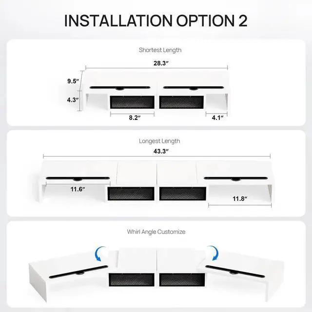 Alt view image 2 of 5 - ZIFTY Dual Monitor Stand Riser for 3 Monitors, Desk Organizer with 2 Drawer and Smartphone Holder, Adjustable Length & Angle Workspace Organizers for Monitors Laptop Printer Computer, White