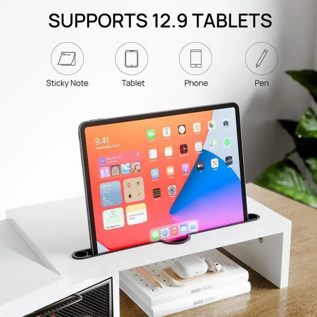 Alt view image 3 of 5 - ZIFTY Dual Monitor Stand Riser for 3 Monitors, Desk Organizer with 2 Drawer and Smartphone Holder, Adjustable Length & Angle Workspace Organizers for Monitors Laptop Printer Computer, White